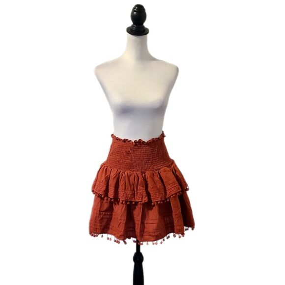House of Harlow Terracotta Tiered Ruffle Pom Fringe Flare Skirt, Size L (8-10) - Picture 1 of 7